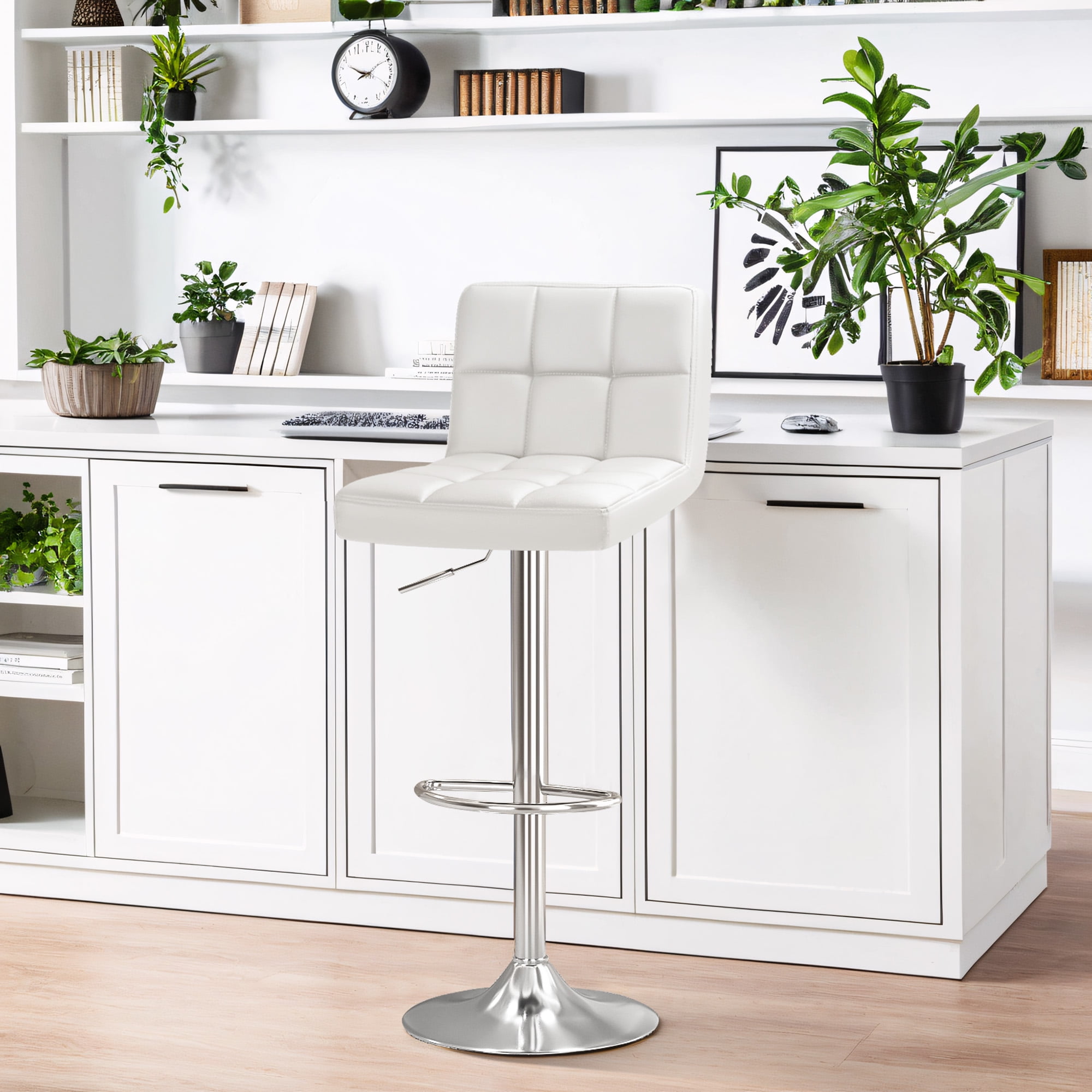 Furmax Adjustable Armless Swivel Mid-Back Bar Stools, White (Set of 4)