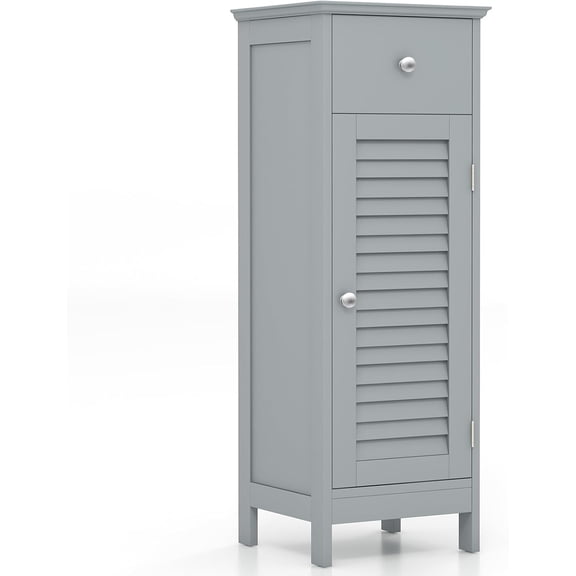 WoofPaw Slim Bathroom Storage Cabinet, Wooden Floor Narrow Cabinet with Drawer & Shutter Door, Adjustable Shelf & Anti-toppling Fittings, Small Cabinet for Home Office, 13 x 12 x 34.5 Inch (Grey)