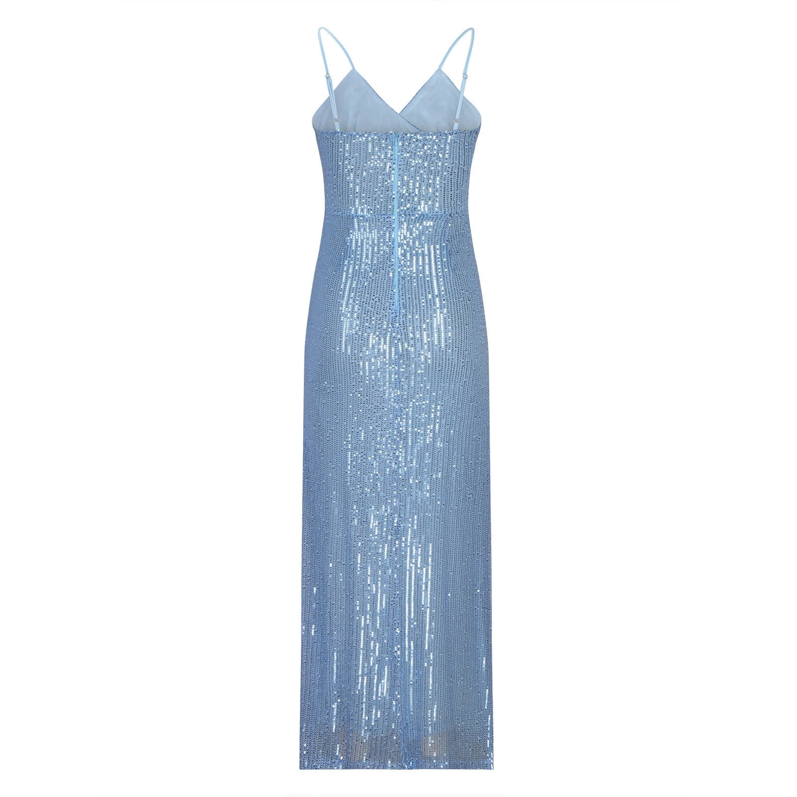 Glitter Sequin Long Maxi Dress for Women with Slit, Sleeveless V Neck Sexy Elegant Fitted High Split Party Gown (Medium, Light Blue)