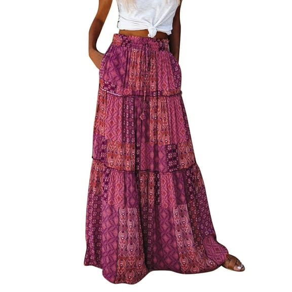 skpblutn Pleated Boho Flowers High Elastic Waist with Pockets and Belt, Maxi Skirt (Women's)