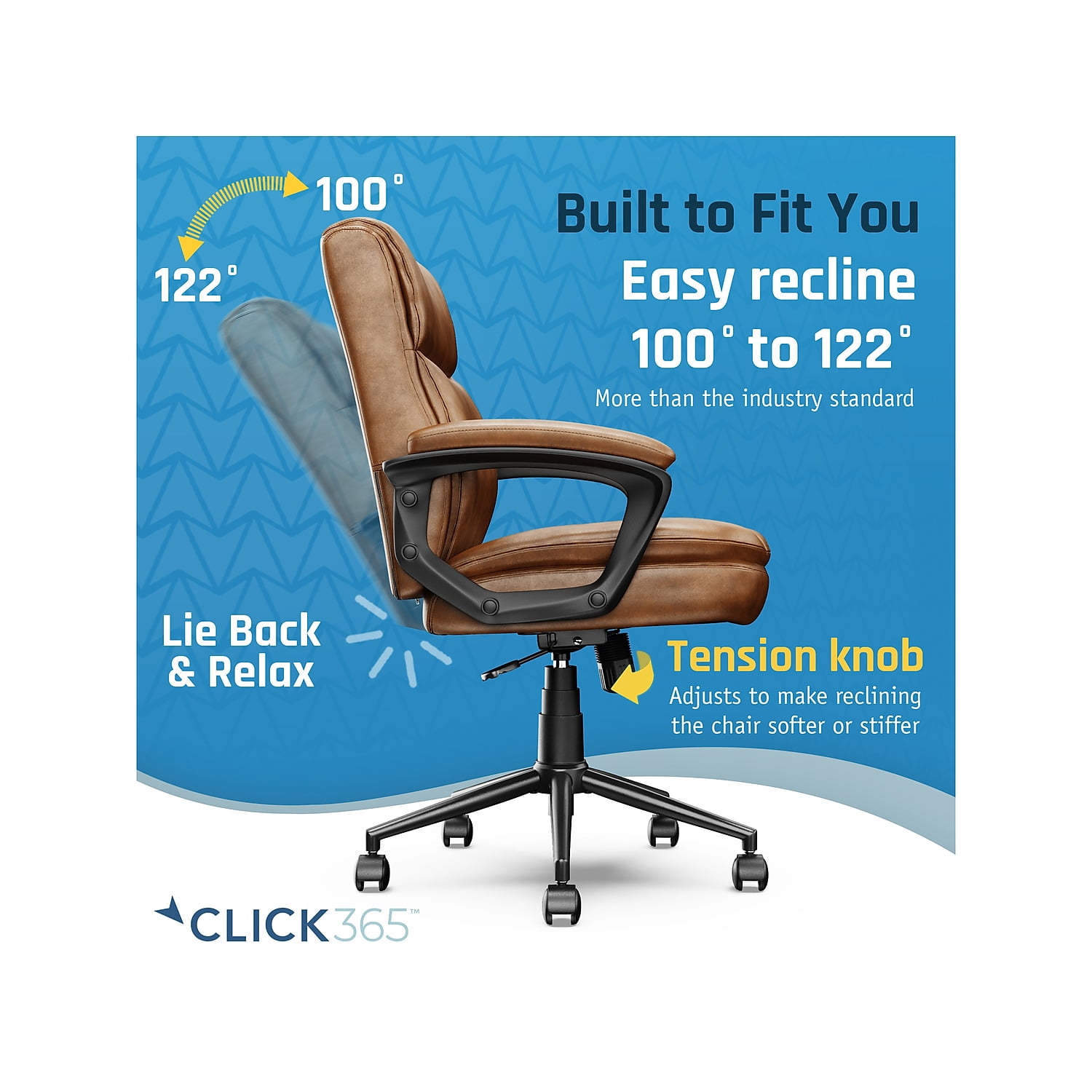 Click365 Transform 2.0 Ergonomic Mid Back Desk Chair Bonded Leather Cognac