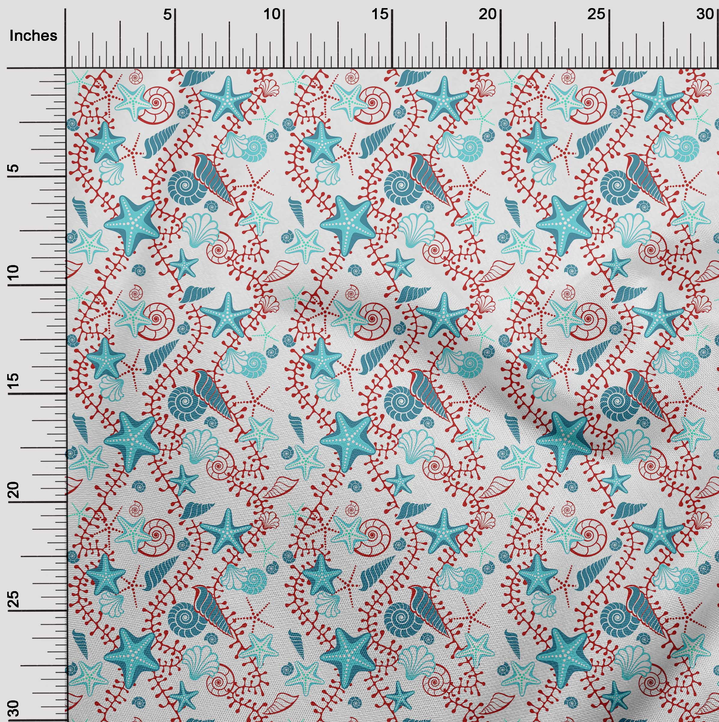 oneOone Cotton Cambric Dark Teal Green Fabric Beach Starfish &Shell Sewing Craft Projects Fabric Prints By Yard 42 Inch Wide