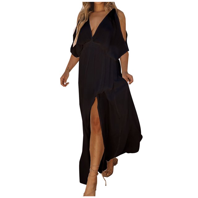 Vestido maxi casual de verano para mujer Vestido bohemio floral con cuello en V Puff Manga corta Vestido de playa Vestido largo con columpio Fridja bnh6374