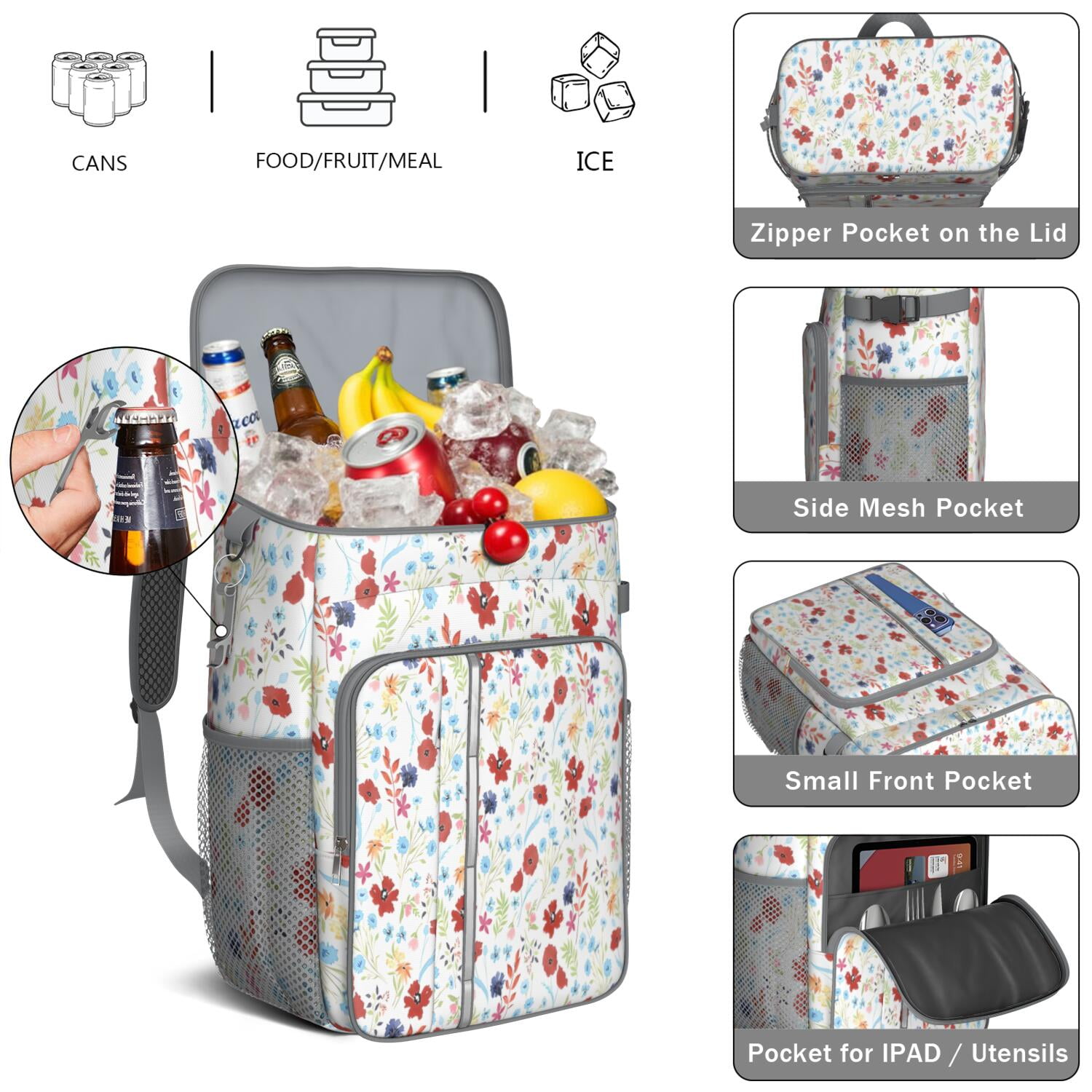 Travel Cooler Bag - Pioneer Flower Floral Print Pattern Camping Beer Cooler Backpack with Bottle Opener- Waterproof Insulated Picnic Backpacks - Cooler Bag for Beach