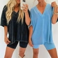 thumbnail image 5 of GZWYHT Sets for Women Lounge Sets for Women Womens Pajamas 2 Outfits Sets Oversized V Neck T Shirts Tops Biker Shorts Set Track Suits for Women Set 2 Piece Sets for Women Blue M, 5 of 6
