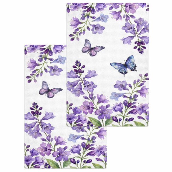 Purple Flowers Kitchen Dish Towels for Drying Dishes Set of 2, Butterfly Spring Floral Watercolor Farmhouse Waffle Weave Microfiber Hand Tea Bathroom Towels Quick Dry & Absorbent Towel 15.7x23.6