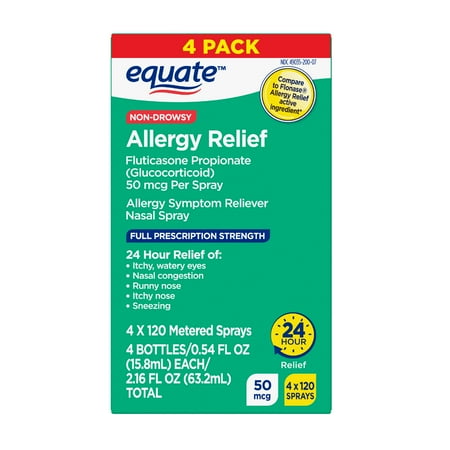 Equate 24-Hour Allergy Relief Nasal Spray, Fluticasone Propionate (Glucocorticoid), 50 mcg Per Spray, Full Prescription Strength, Non-Drowsy, 4 Bottles, 0.54 fl oz each