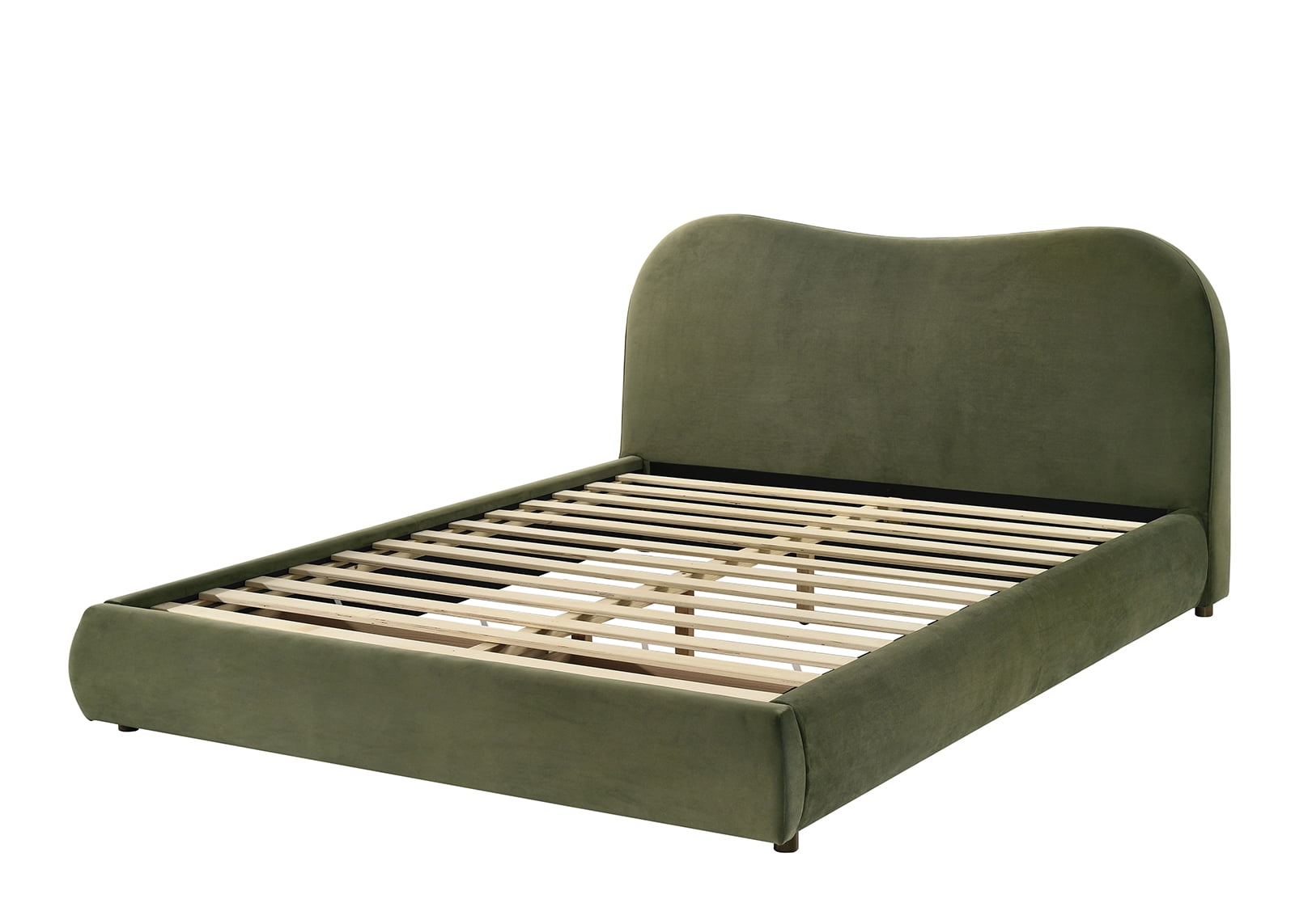 Bed Frame Olive Green Velvet Upholstered 1pc Queen Size Bed Curved Design Headboard Storage FB Bedroom Furniture Bedframe