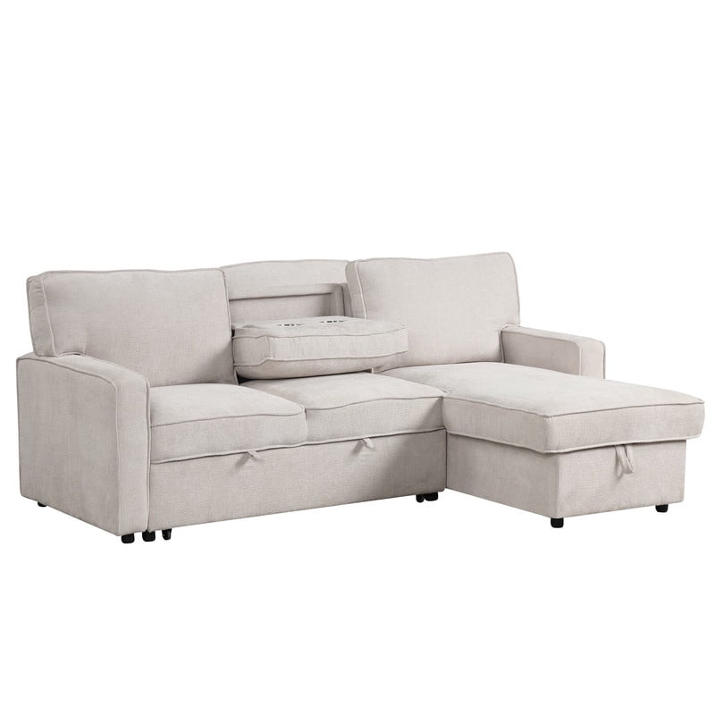 Convertible Sleeper Sofa Bed, L-Shaped Sectional Sofa Pull Out Couch with Storage Chaise & USB Ports, 89'' Sofa Couch with Cup Holder for Living Room Apartment