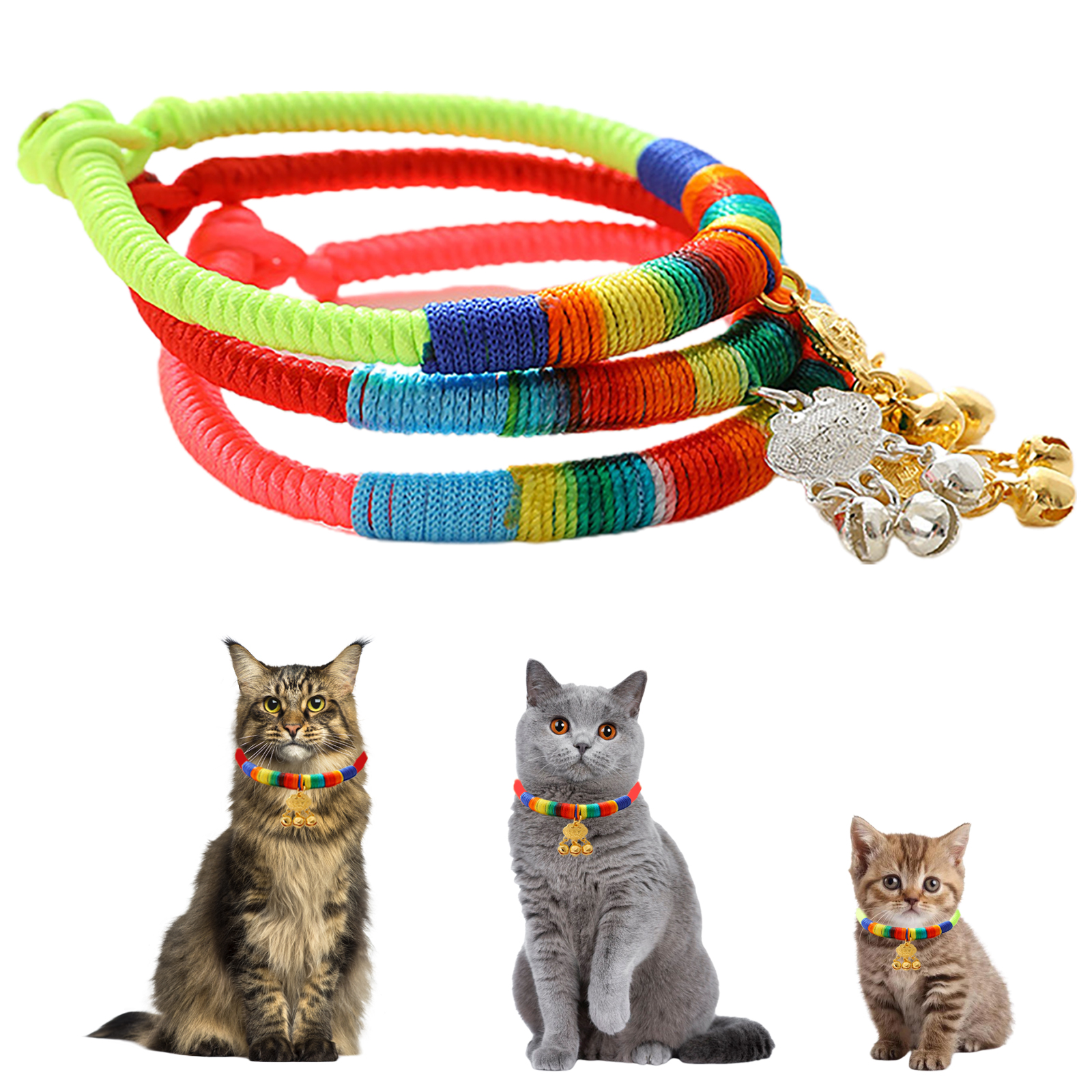 3 Pack Cat Collars,Cat Collars with Bells, Split Cat Collars, Woven Cat Collars, Polyester Cat