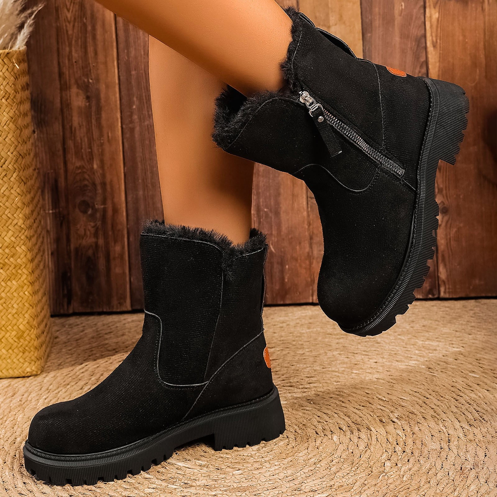 Xfvqtps Thermal Winter Boots for Women Warm Furry Lined Mid Calf Boots Waterproof Snow Shoes Non Slip Sole Outdoor Hiking Booties Comfortable Black