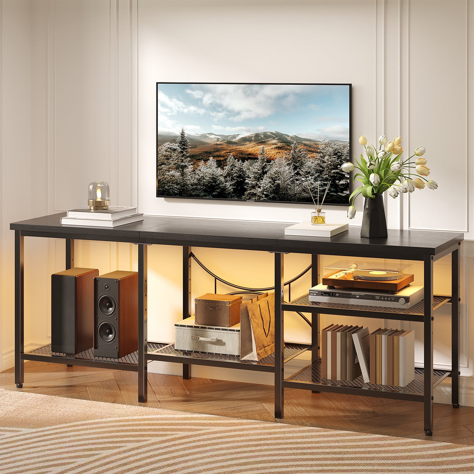 Pinmoco 63" TV Stand for TVs up to 70 Inch, LED Light Entertainment Center with Open Storage Shelves, TV Media Console Table for Living Room, Bedroom, Black