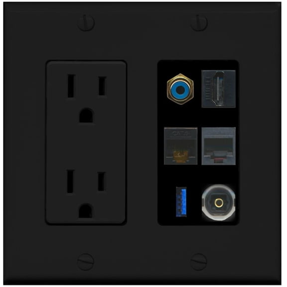 Ultra Spec Cables 1 Port HDMI Cat6 RCA Phone USB Toslink Wall Plate w/Power Outlet Black