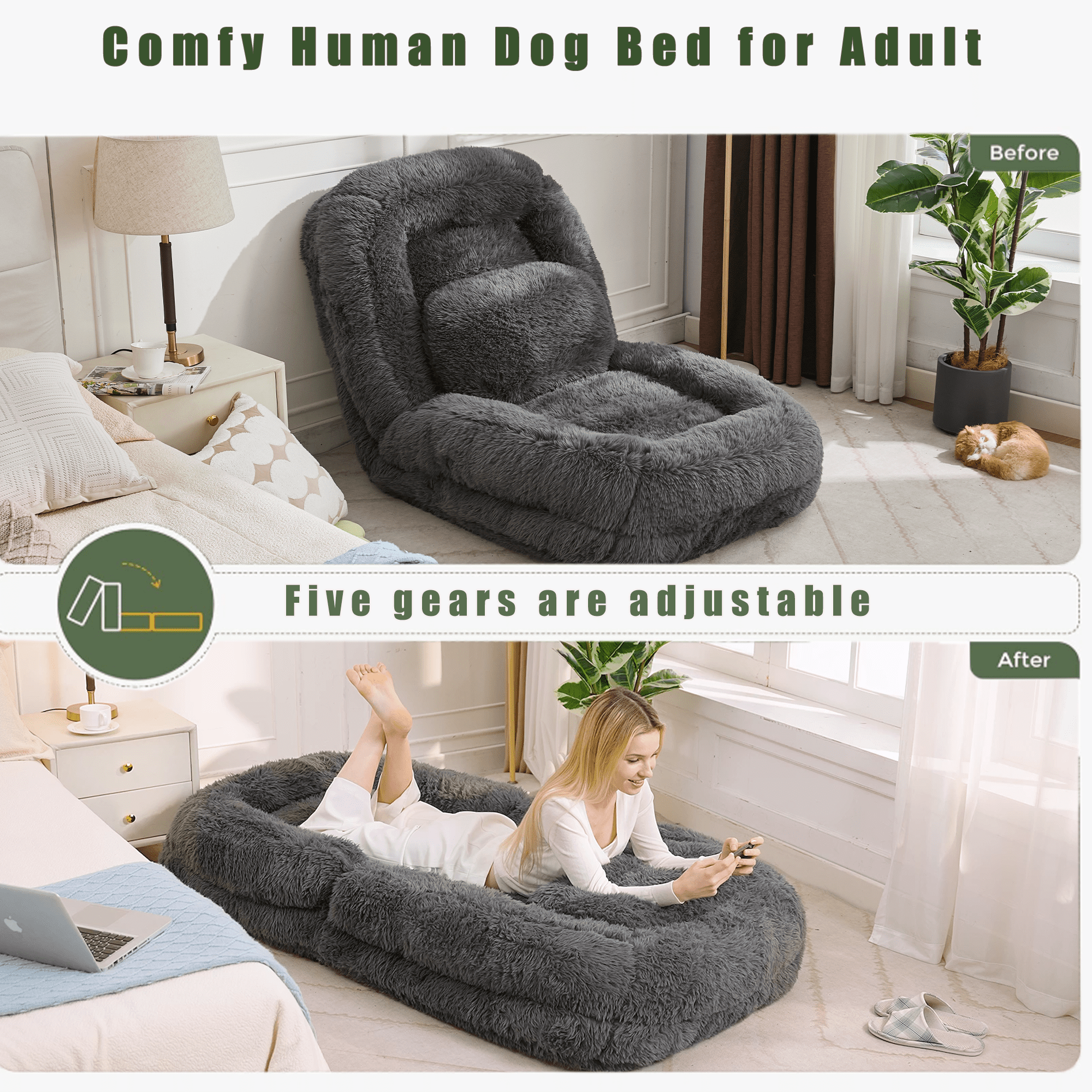 Human Dog Bed,Lazy Sofa,5-Position Adjustable Convertible,Floor Gaming Chair,bedroom, living room,Suitable for gaming, meditation,relaxation,Plush Fabric,Dark Gray