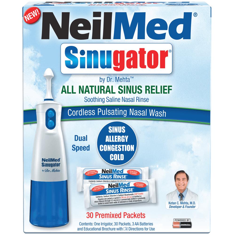 NeilMed Sinugator Cordless Nasal Irrigator Dual Speed Kit - 30 Pack, 3 AA Batteries, Pulsating Flow Technology, Blue