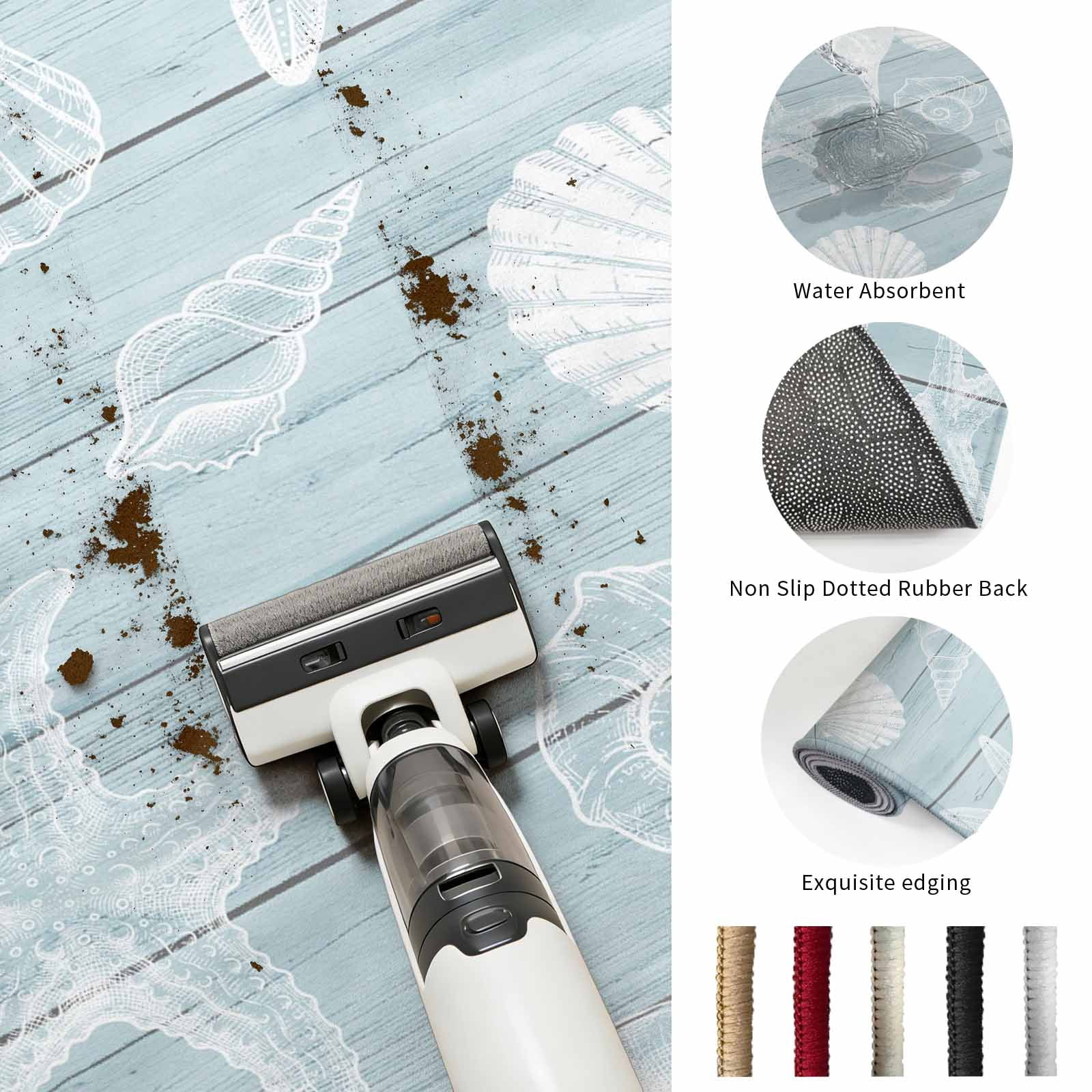 Entryway Rug 2'x3', Ocean Beach Kitchen Runner Rugs Non-Slip Carpet Mats, Summer Coastal Starfish Shell Conch Wooden Green Bedside Rugs Runners Washable Floor Carpet for Bathroom Laundry Room