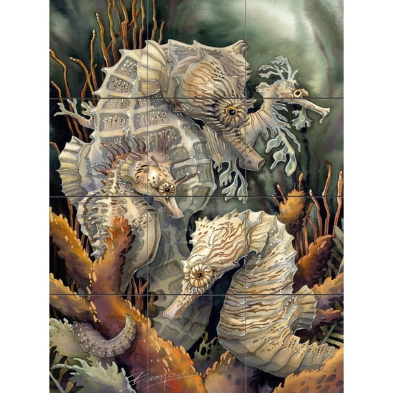 Tile Mural Bathroom Backsplash - Seahoreses, Beyond Imagination