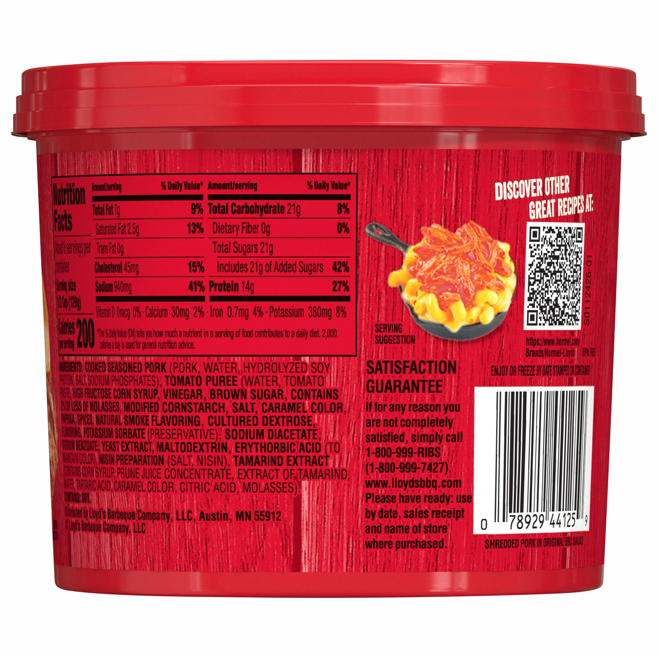 LLOYD'S Shredded Pulled Pork in Barbecue Sauce, Fully Cooked 28 oz, Plastic tub