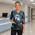 thumbnail image 2 of KLHDSF Womens Halloween Cartoon Print Scrub Top V Neck Side Slit 3/4 Sleeve T-Shirt Stretchy Fall Casual Workwear With Pockets Dark Blue L, 2 of 6