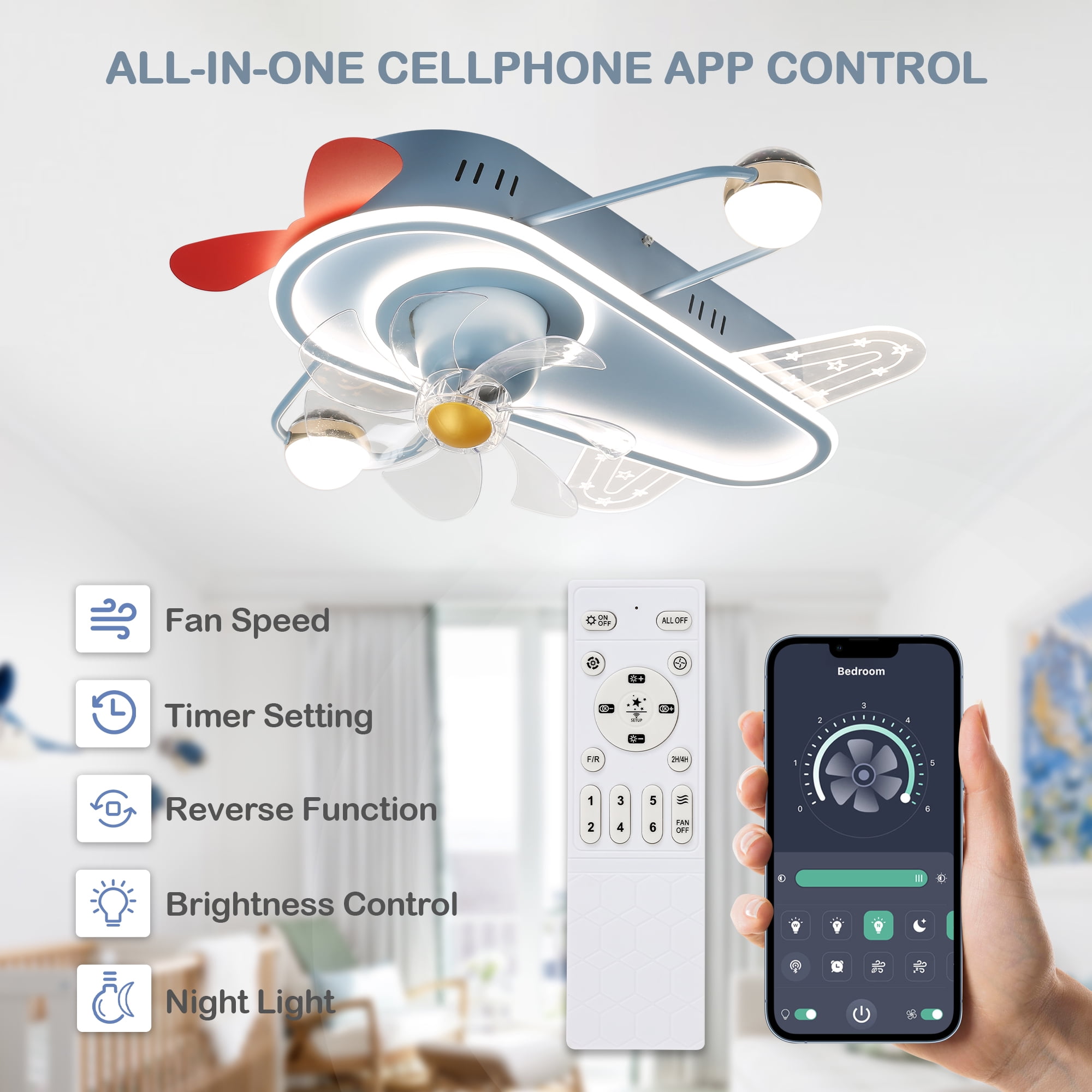 Cusp Barn 26 Inch Creative Plane aircraft Ceiling Fan With LED Light, Low Profile Flush Mount Ceiling Fan with Remote APP Control for Kids Bedroom