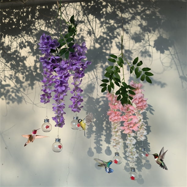 Comedero de colibrí de glicina falsa con tarro - Resistente al viento y a prueba de fugas, fácil de colgar y limpiar, color duradero y resistente al desvanecimiento para jardín y patio