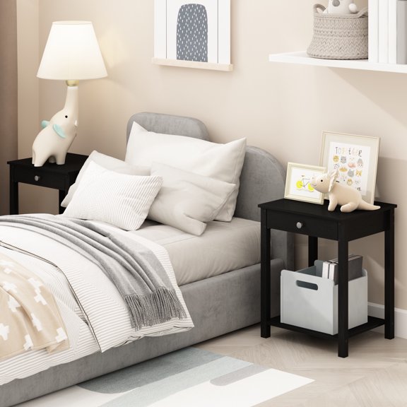 Furinno Classic Side Table Set of 2, 2-Tier Modern End Table with Small Drawer and Open Shelf, Night Stand, Bedside Table, for Living Room, Bedroom, Dark Americano
