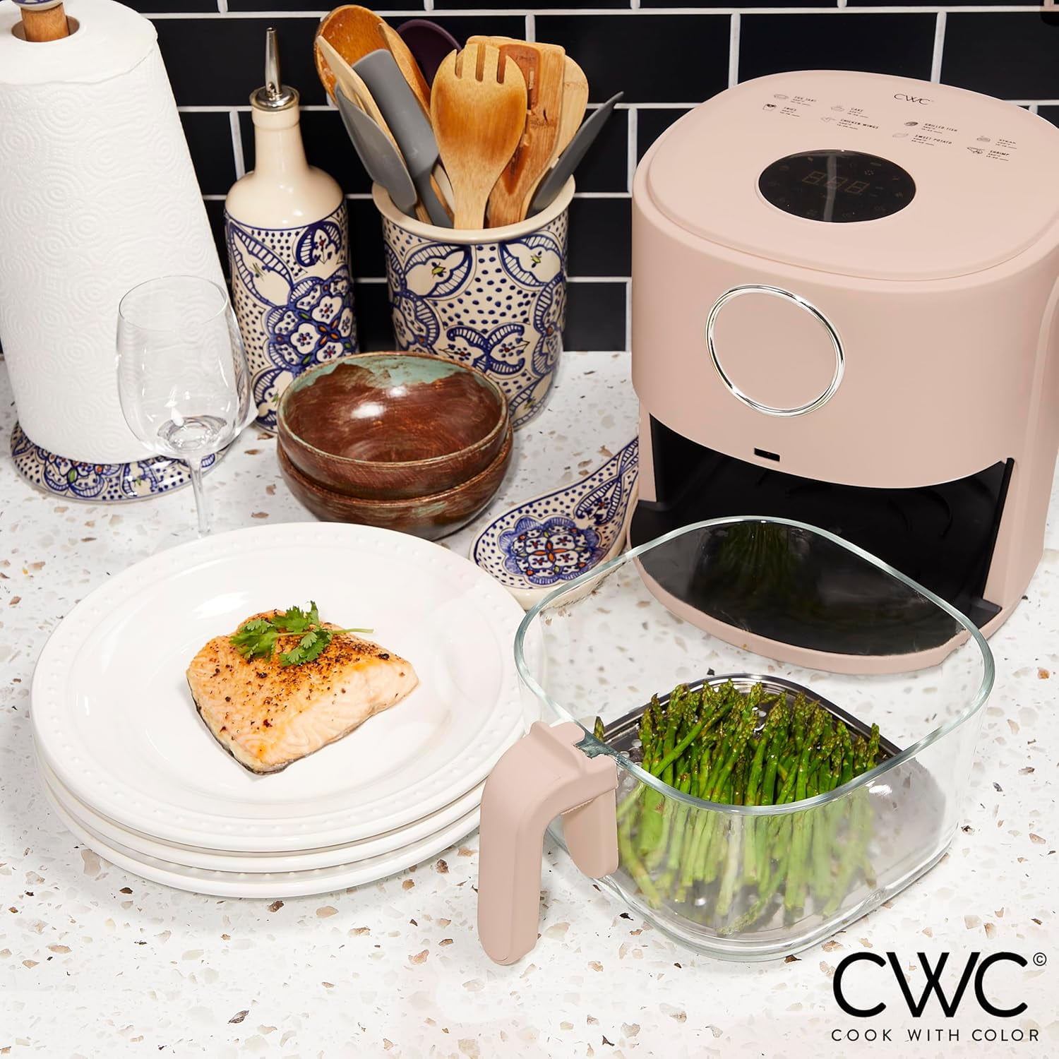 COOK WITH COLOR Air Fryer, 4Qt Glass Air Fryer, Stylish Kitchen Appliance, Blush