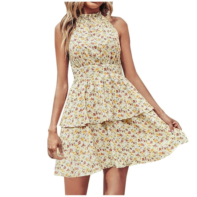 Summer Dresses for Women 2022 Halter Neck Off Shoulder Sleeveless Backless Floral Printing Ruffle A-Line Dress