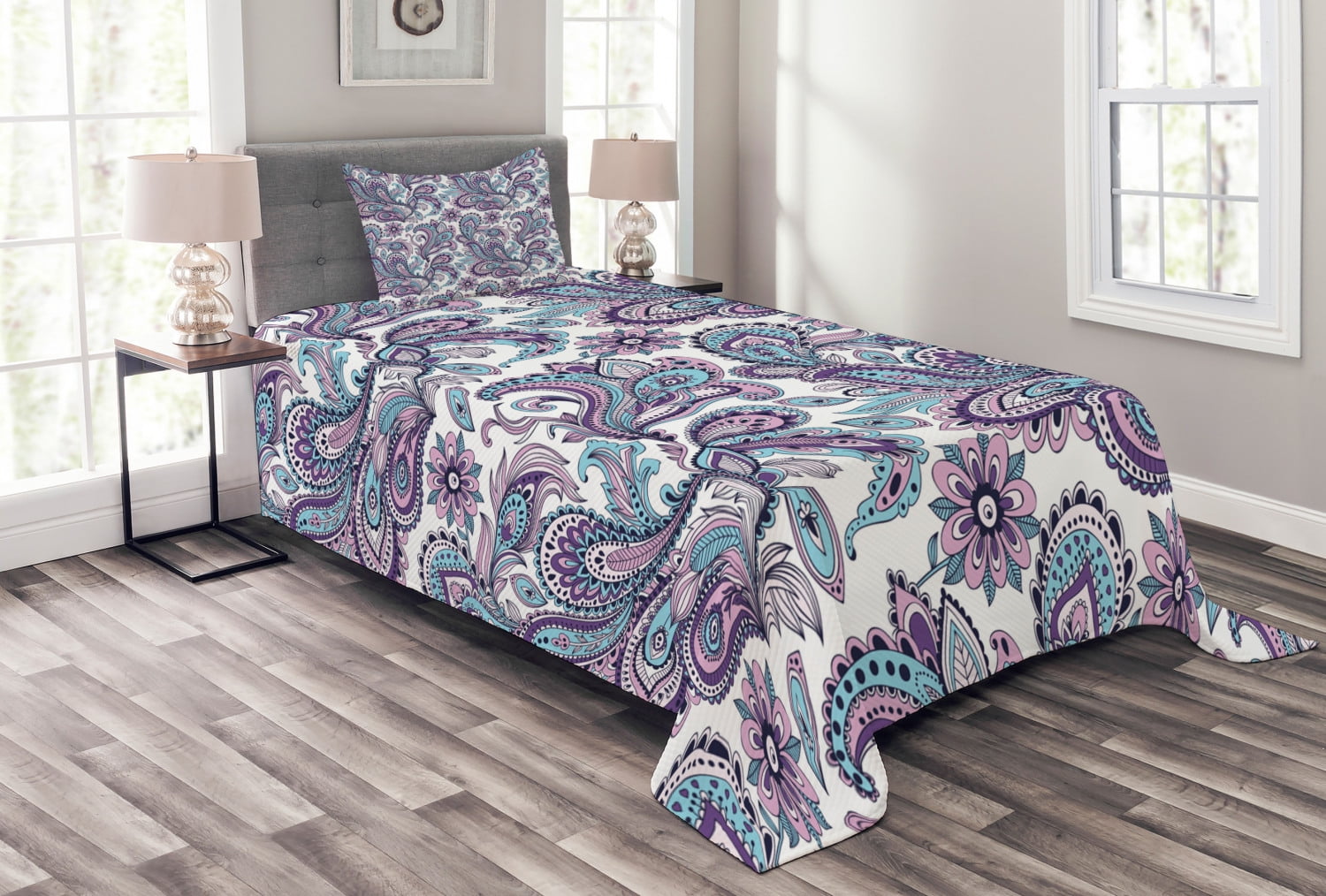 Paisley Bedspread Set Twin Size, Blue and Purple Flowers Leaves Floral