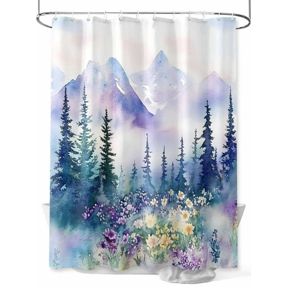 Fsddascl Green Purple Mountains Shower Curtain Set - 66" x 72" Washable Bathtub Curtain with 12 Hooks, Watercolor Forest Wildflower Waterproof Fabric Stall Shower Curtains for Bathroom/Bathtub