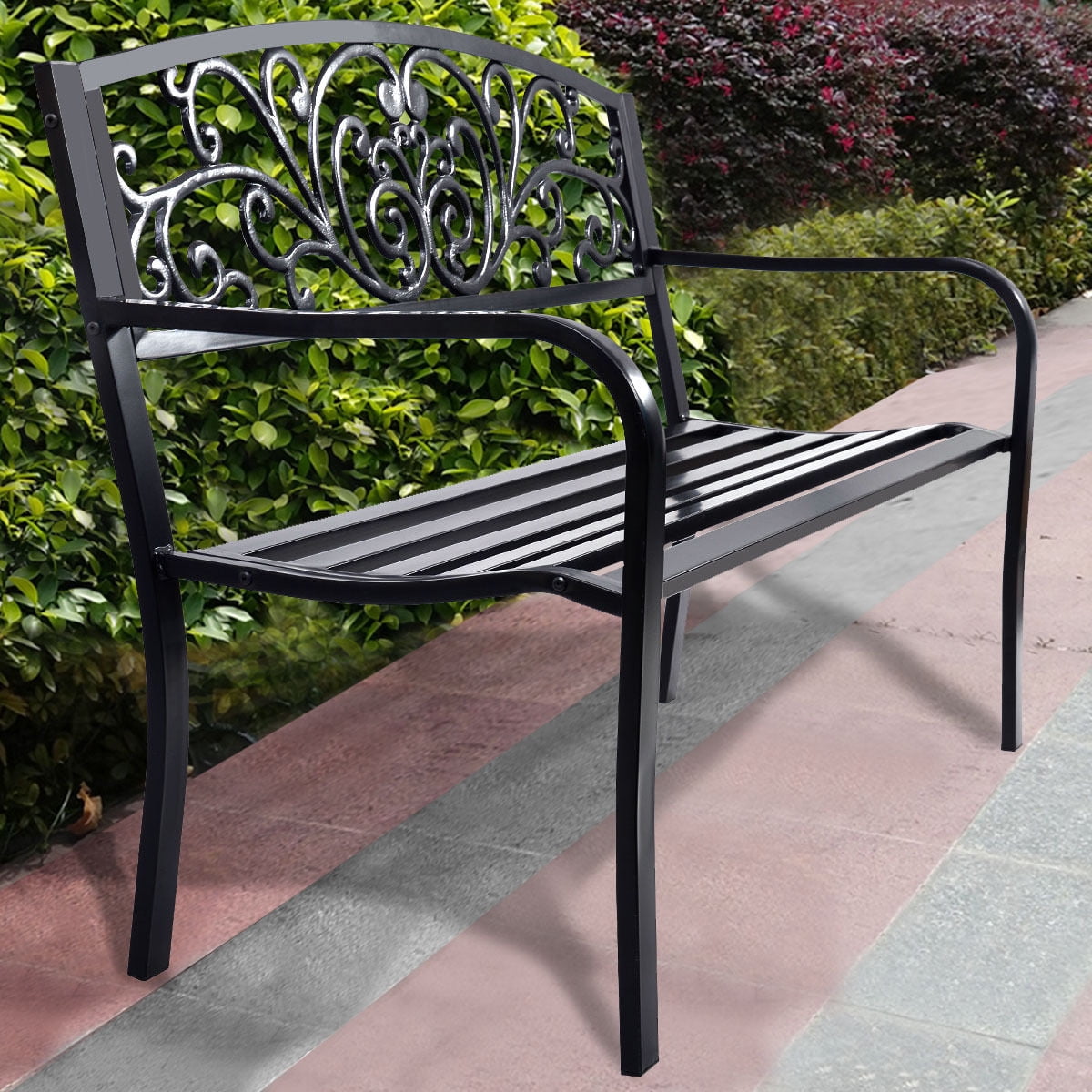 Costway 50'' Patio Park Garden Bench Porch Chair Steel Frame Cast Iron Backrest by Costway