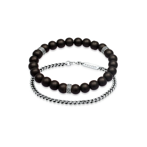 KUZZOI Men 925 Sterling Silver Cuban Chain, Onyx Bracelet Set 7.48-9.05 inch
