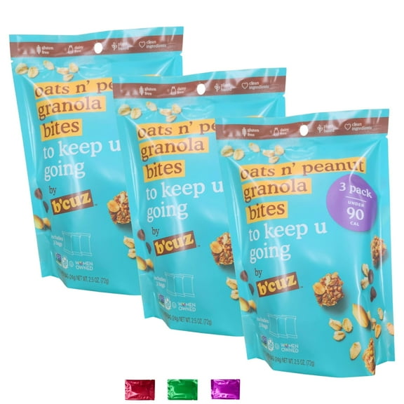 B'cuz Oats N' Peanuts Granola Bites with Chocolate Chips 2.5 Oz 3-Pack, Gluten Free Vegan Snacks, Healthy On the Go Treat with Snoep in Beperkte Oplage
