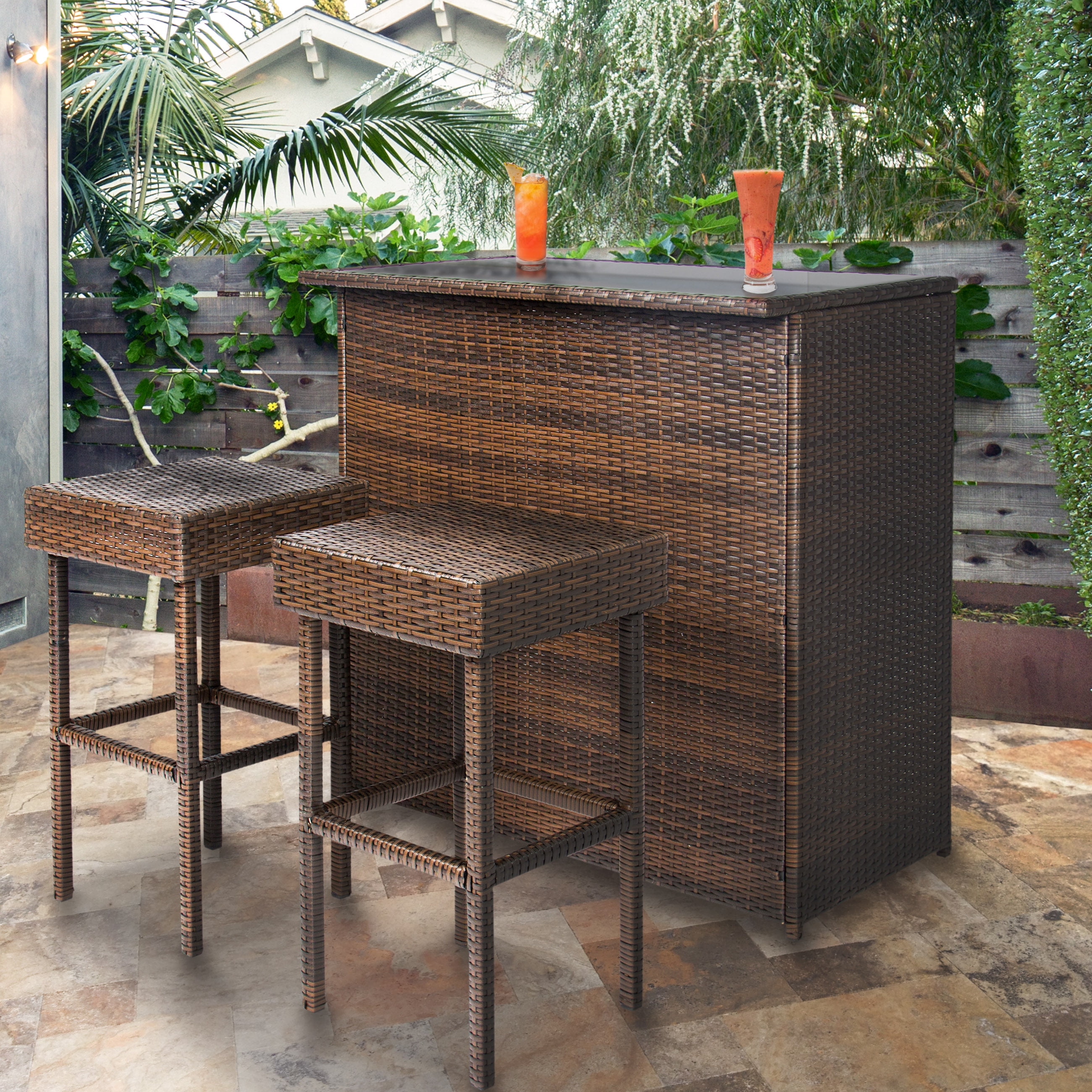 3PC Wicker Bar Set Patio Outdoor Backyard Table 2 Stools Rattan