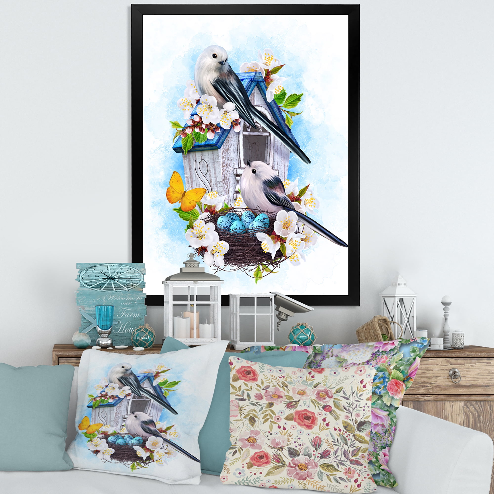 Designart 'Two Tit Birds Sitting Near The Nest With Eggs and White Flowers II' Traditional Framed Art Print