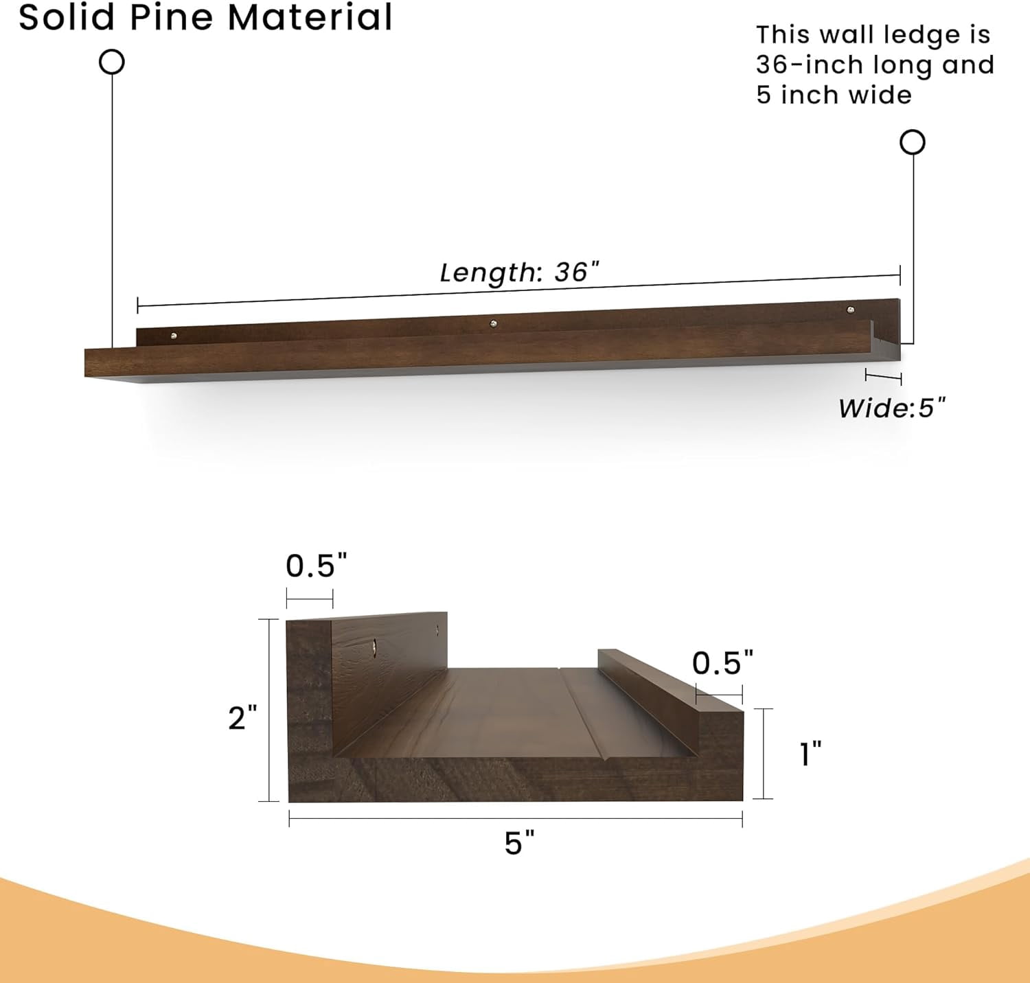 Floating Shelves for Wall, 36 inch Solid Wood Picture Ledge Shelf, Picture Shelf for Wall with Ledge, Floating Book Shelves for Living Room Bedroom Kitchen Nursery Decor, Walnut, Set of 2