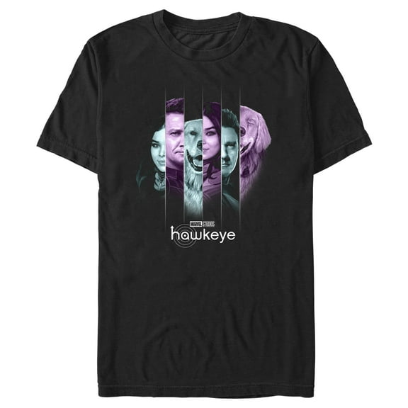Men's Marvel Hawkeye Kate Bishop and Lucky the Pizza Dog Split Panels Graphic Tee Black Medium