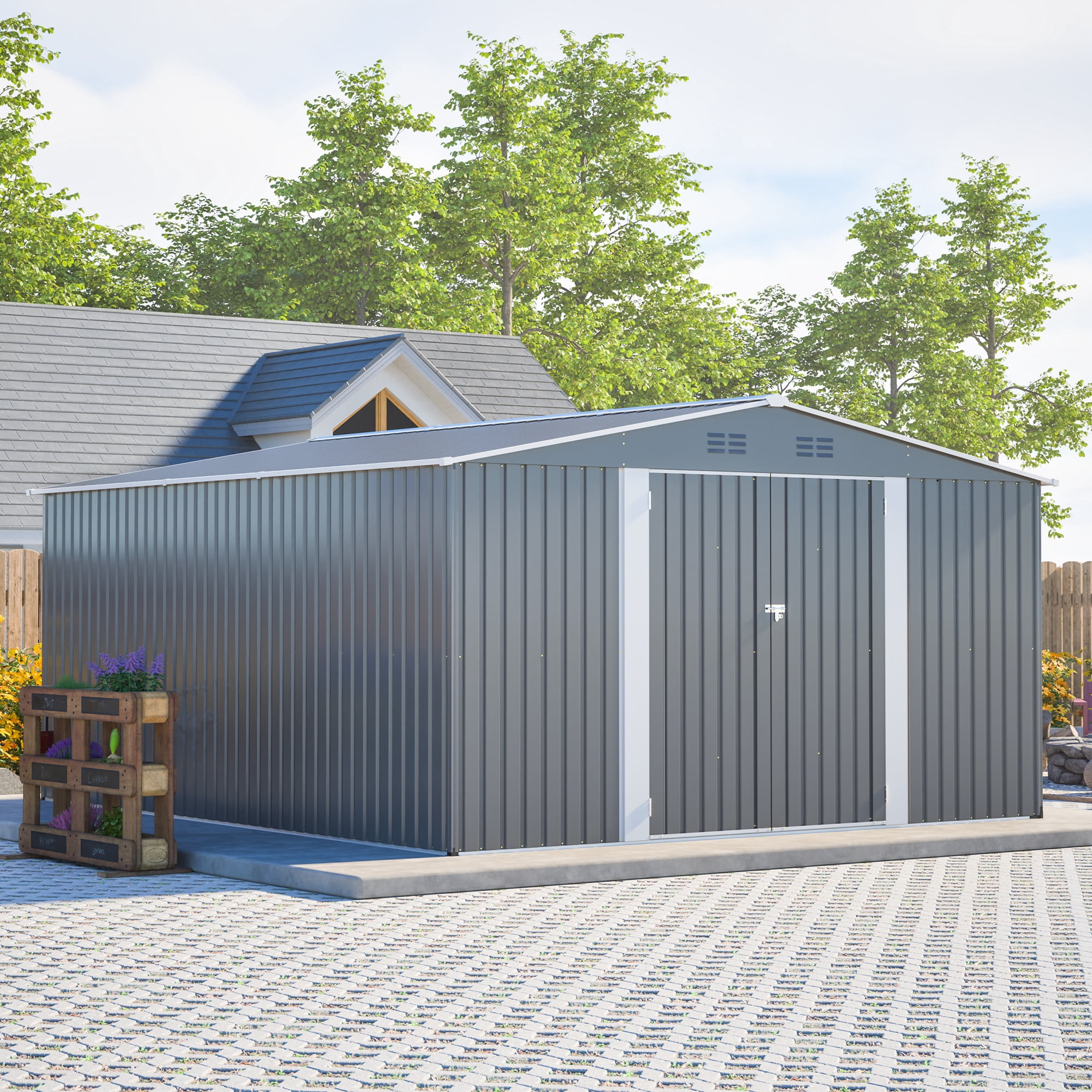 LZBEITEM 12'x14' Outdoor Metal Shed with Floor Frame kit , Updated Frame & Lockable Doors for Backyard, Garden, Lawn, Gray