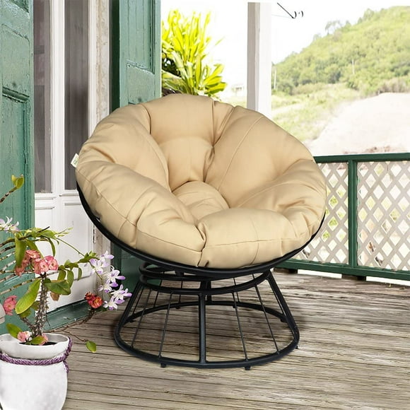 Arttoreal Outdoor Patio Papasan Chair with 360-Degree Swivel, Khaki Cushion and Black Frame