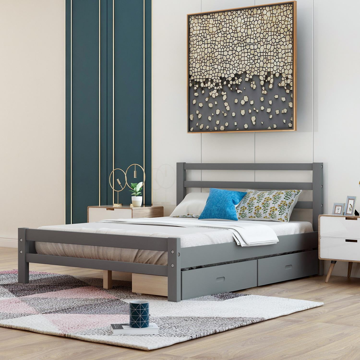Full Size Platform Bed With 2 Drawers And Wheels, Gray Solid Wooden Bed