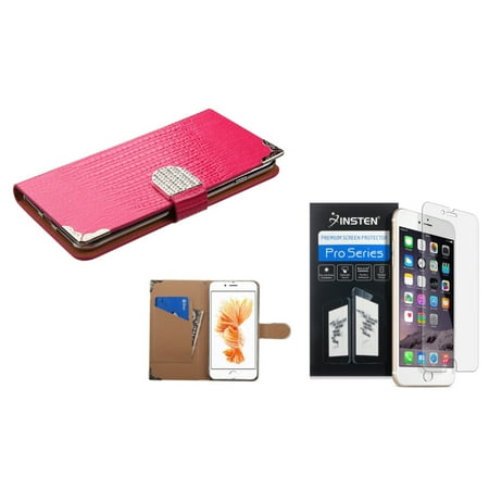 Pink Leather Skin - Insten for iPhone 7 Plus - Clear Protector + Hot Pink Crocodile Skin Wallet Leather Case (with Metal Diamonds Buckle)