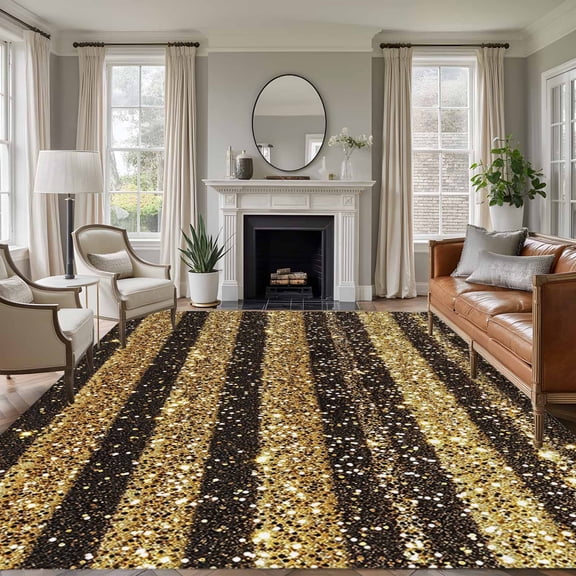 Black Golden Striped Large Area Rug 8x10 FT, Non Slip Living Room Throw Carpet, Luxury Farmhouse Stripes Washable Soft Indoor Outdoor Carpet Non-Shedding Rug for Bedroom Dining Room