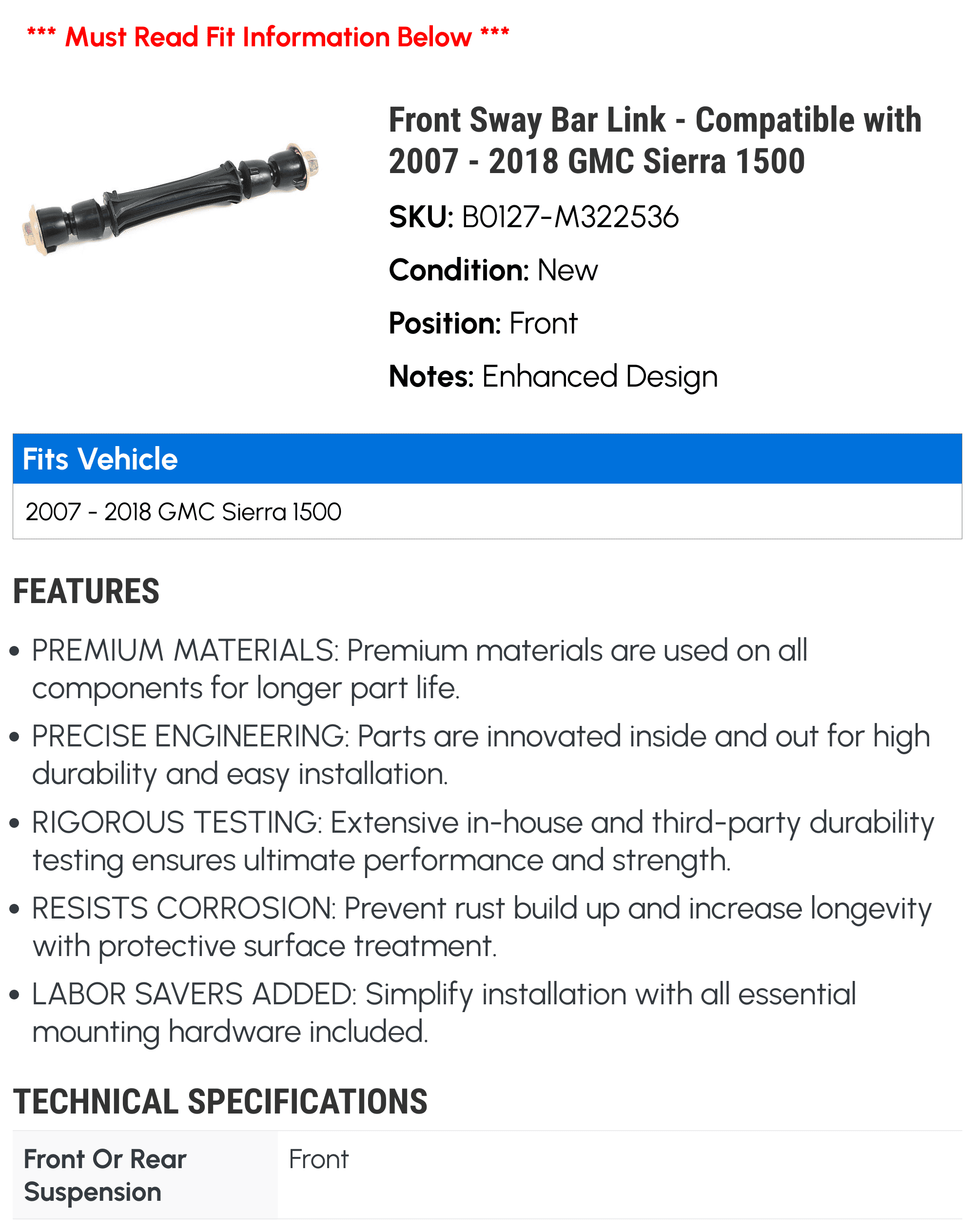 Front Sway Bar Link - Compatible with 2007 - 2018 GMC Sierra 1500 2008 2009 2010 2011 2012 2013 2014 2015 2016 2017