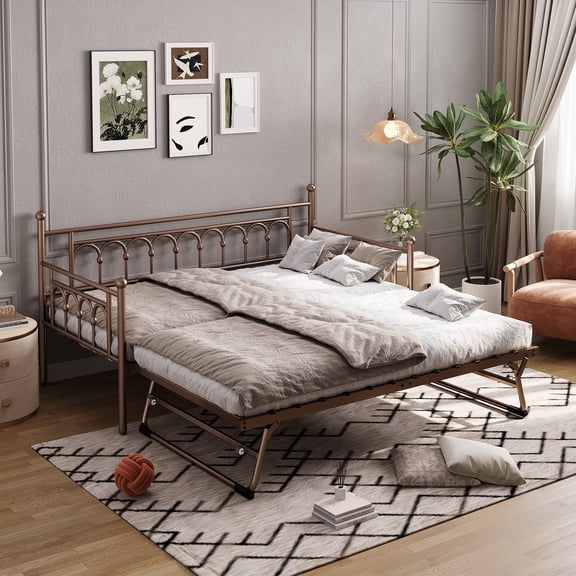 Twin Metal Daybed with Pop Up Trundle,Steel Slat Support Sofa Bed(Antique Bronze)