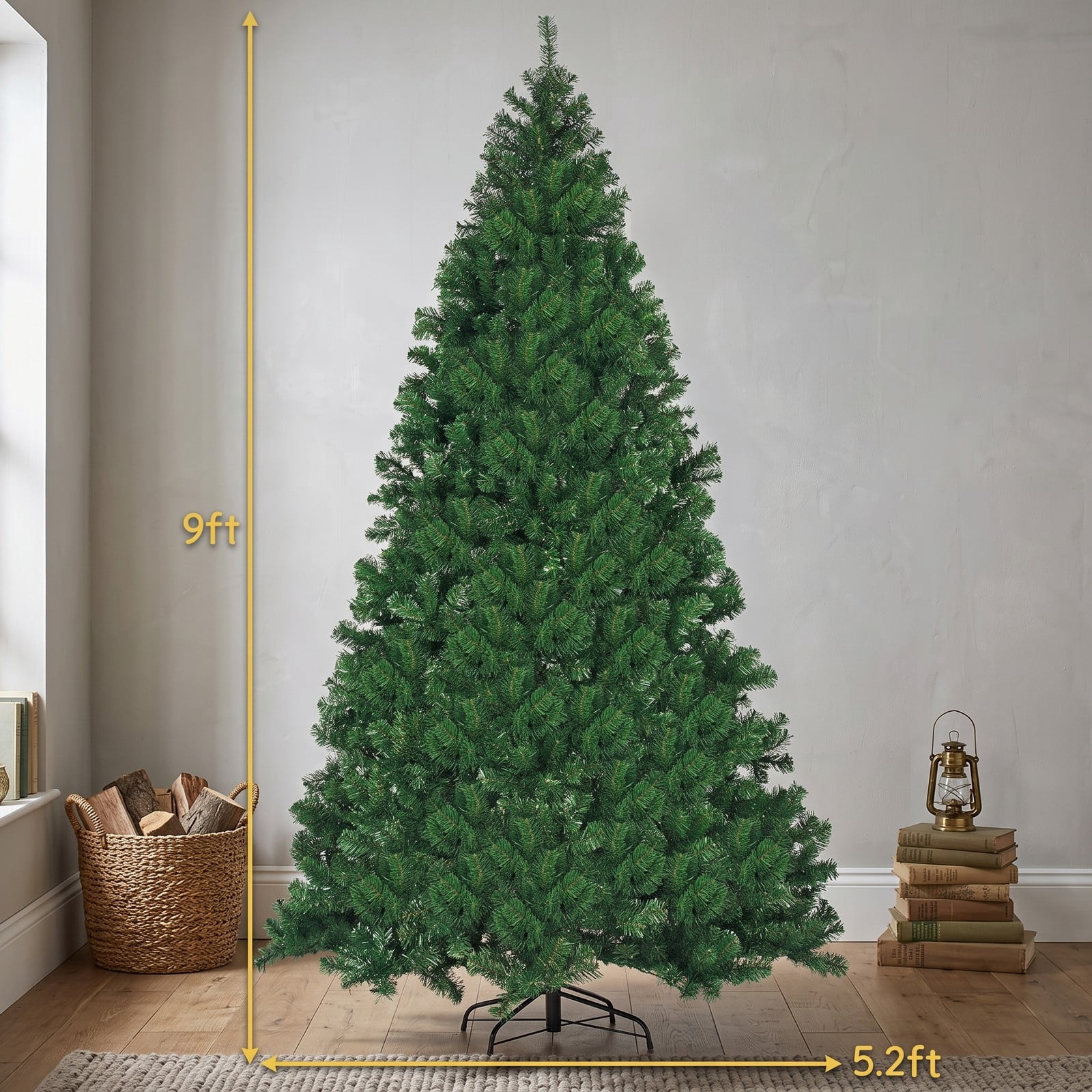 RUIE 9 FT Pre-Lit Artificial Christmas Tree with 700 Warm White LED Lights, 2028 PVC Branch Tips, Hinged Xmas Tree with Metal Stand for Indoor Holiday Home, Green