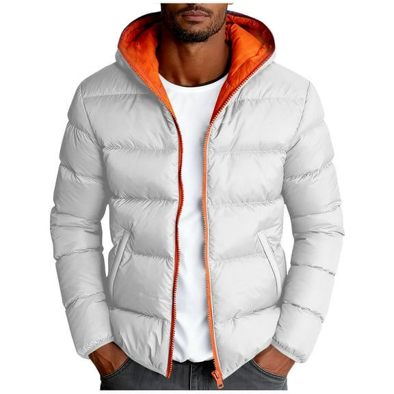 ZCFZJW Men's Lightweight Puffer Jacket Color Patchwork Hooded Warm Outwear Winter Coat Quilted Lined Water-Resistant Full Zip Bubble Jackets with Pockets White XL