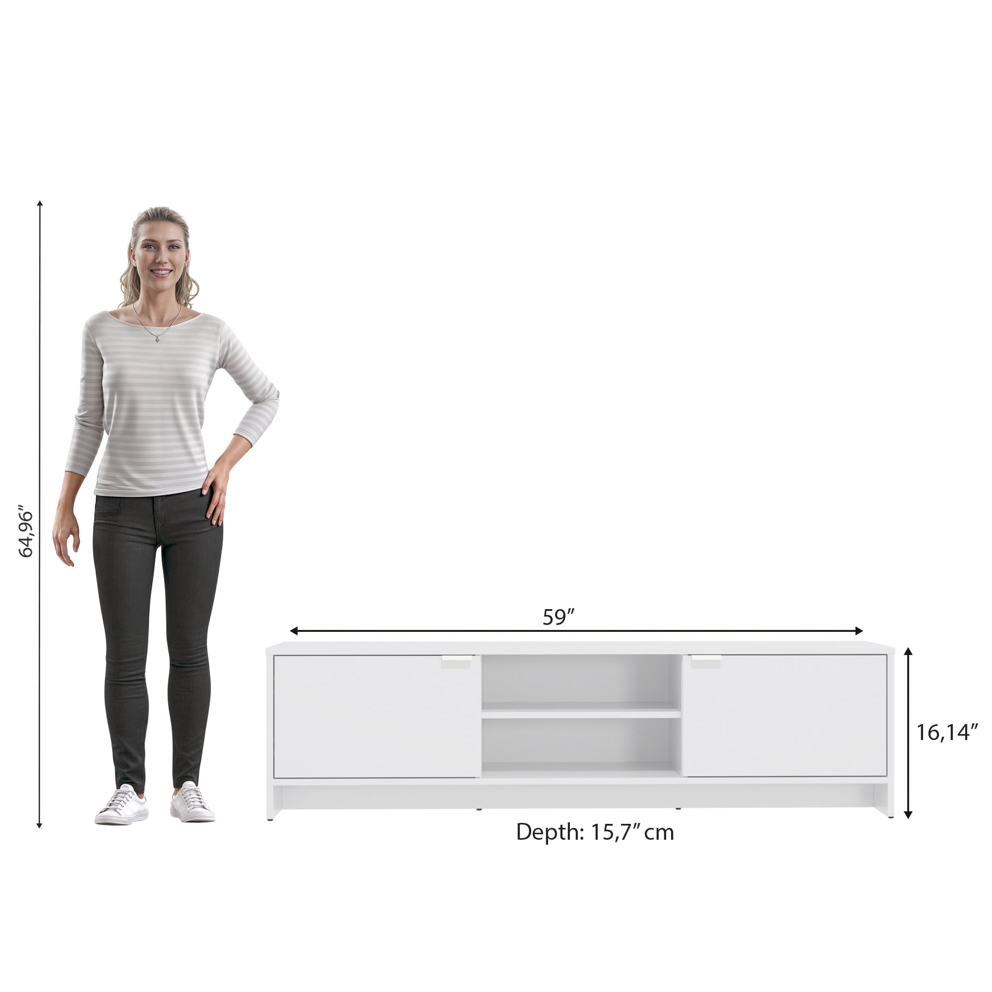 Kappesberg Milan White 59.05" W TV Stand Modern Entertainment Center with 2-Doors and Open Shelves Media Console for Living Room for Adults and Teens