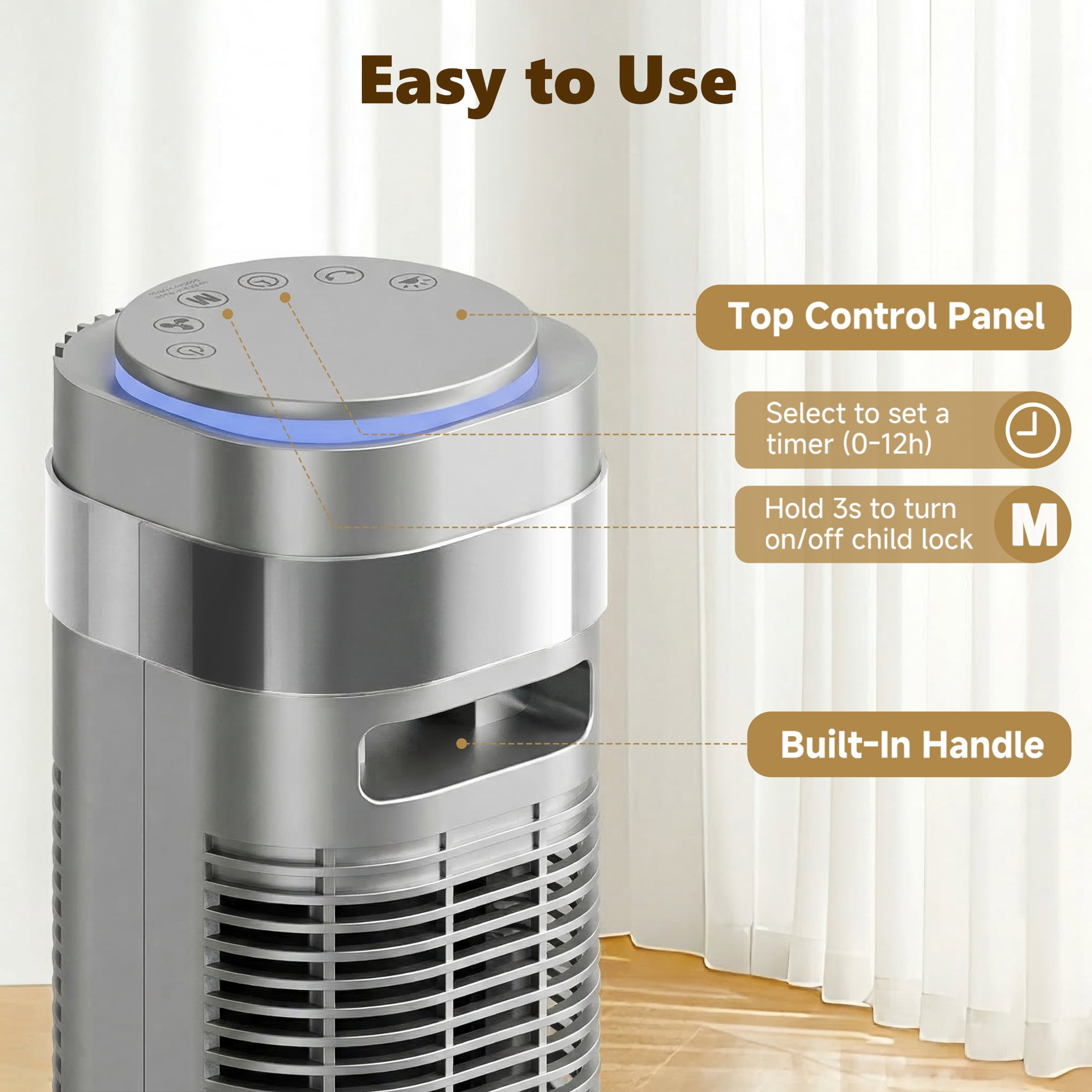SHOUFTW 36 inch Tower Fan with Remote Control, Oscillating Bladeless Floor Fan, 5 Speeds and 4 Modes for Bedroom Home and Office, Silver