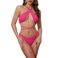 thumbnail image 1 of INSPIRAR CHIC Conjuntos de Bikini de Punto Acanalado para Mujeres de Dos Piezas, Top con Tiras y Parte Inferior en Triángulo, Trajes de Baño en Rosa Rojo Medio, 1 of 5