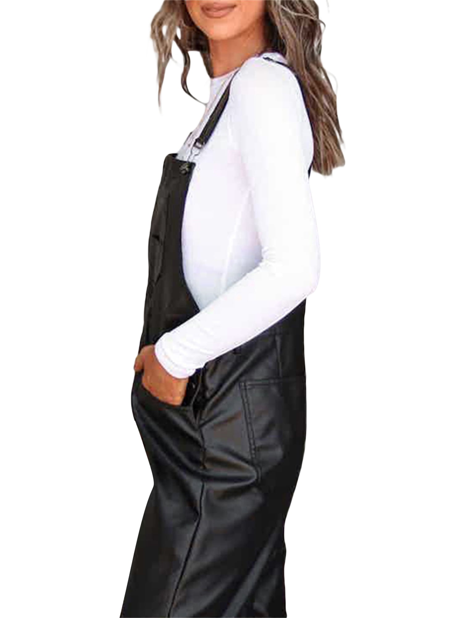 Women Overalls PU Leather Loose Fit Straight Leg Bib Pockets Jumpsuits - Walmart.com
